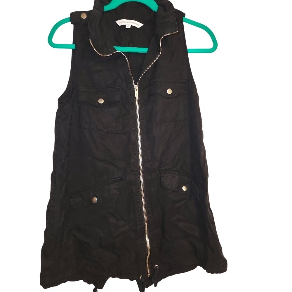 Cupcakes & Cashmere Black Sleeveless Utility Vest Lightweight Drawstring‎ Small